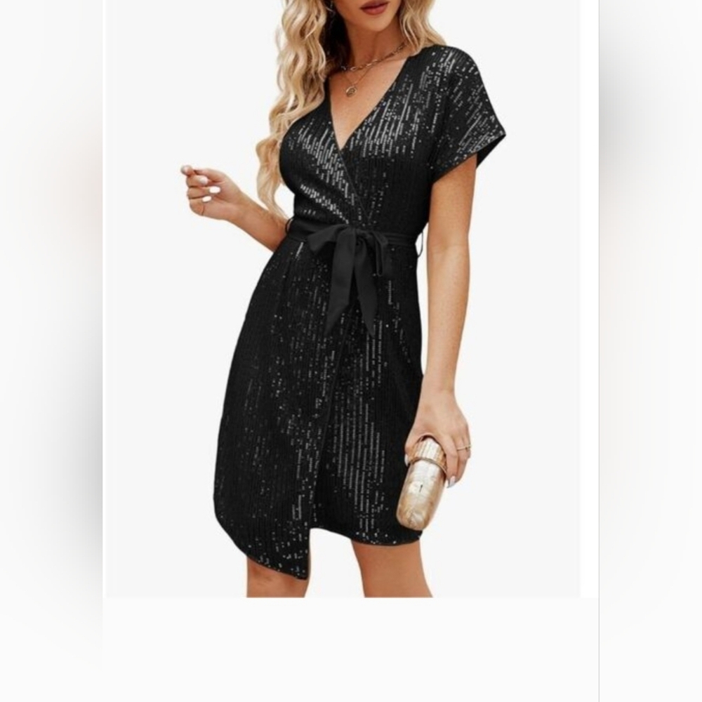 Black Sequin Wrap Mini Dress with Satin Waist Tie